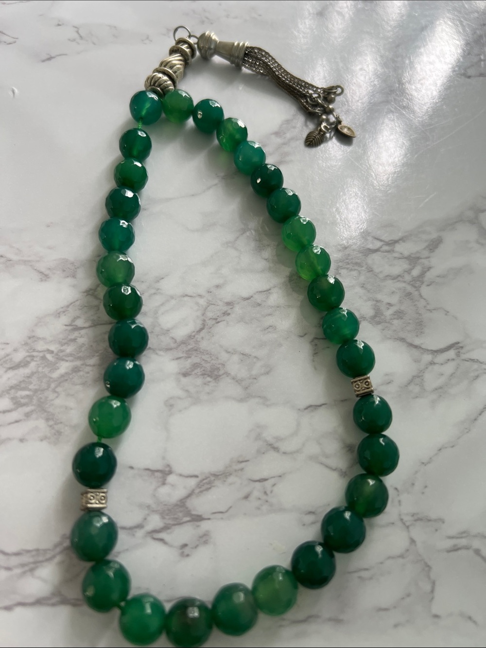 Green Beaded prayer with Silver Accents -